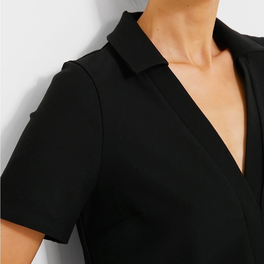 TUCKERNUCK Noir Ponte Wright Polo Dress Mini Black Vneck Sz M NEW - Picture 2 of 13